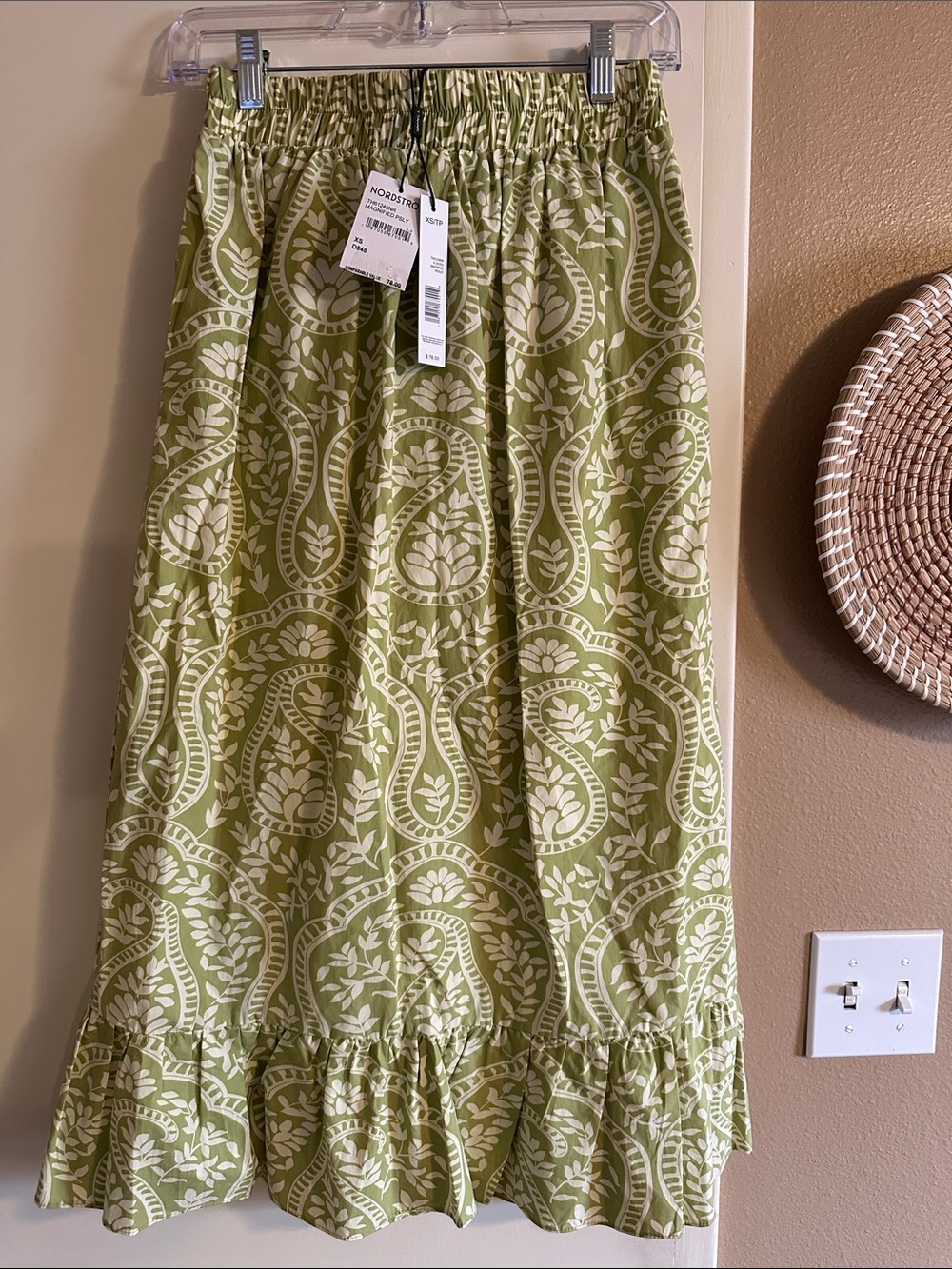 Nordstrom Light Olive Green Paisley Print Maxi Skirt